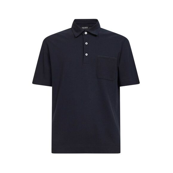 Zegna Men Navy Blue Cotton Pique Polo Shirt With Chest Pocket